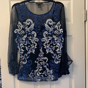 INC International Concepts Black Sheer Blouse with Blue and White Embroidery